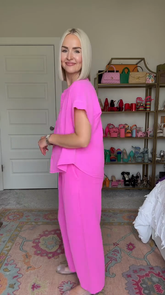 Pink Button - Up Shirt & Wide - Leg Pants Set