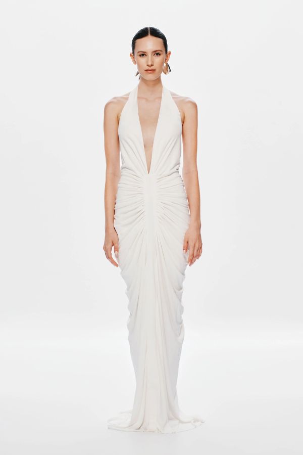 White Halter - Neck Deep V - Neck Ruched Maxi Dress