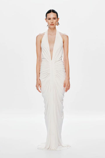 White Halter - Neck Deep V - Neck Ruched Maxi Dress