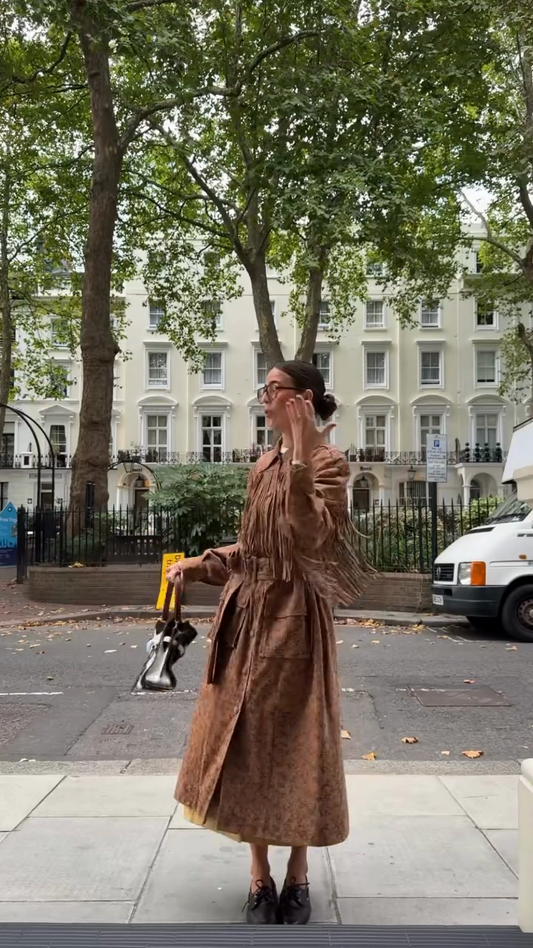 Brown Fringe - Embellished Suede Trench Coat