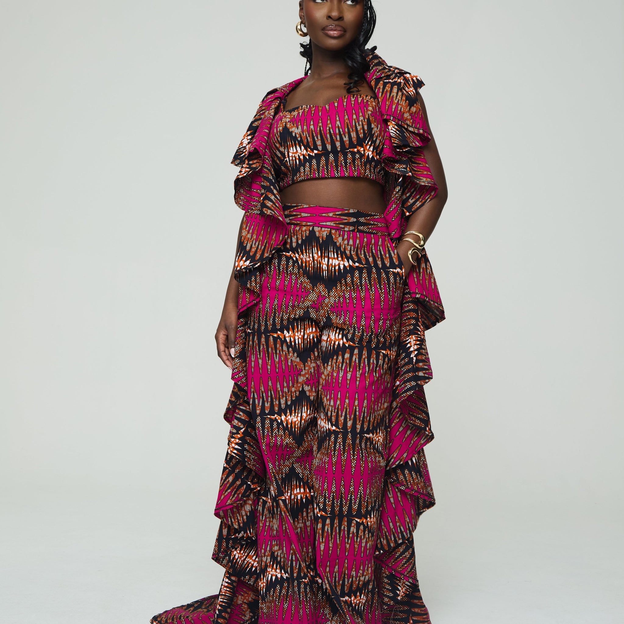 Magenta and Black Print Two - piece Set with Ruffled Shawl