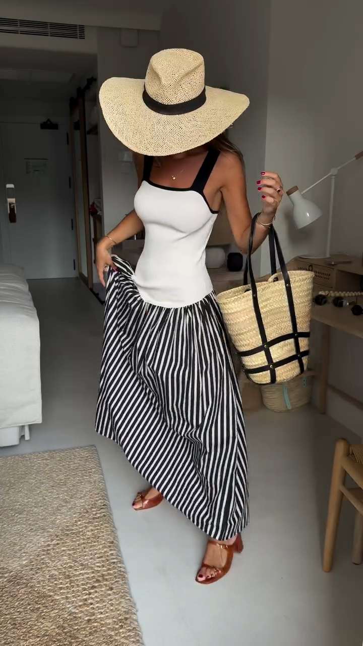 Contrast - Trim Tank Top & Striped Maxi Skirt Set