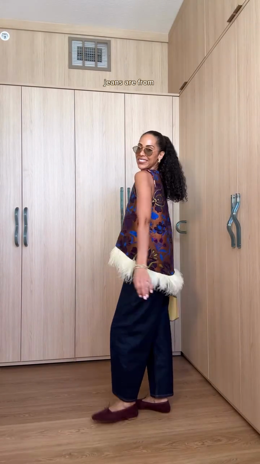 Brown Blue - Floral Embroidered Feather - Trimmed Top