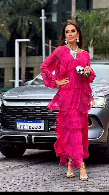 Fuchsia Tiered Chiffon Maxi Dress