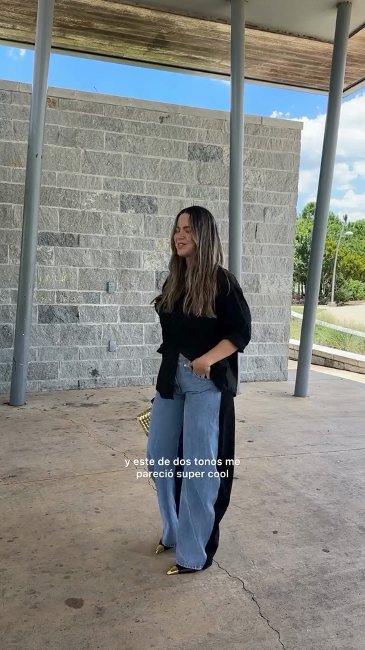 Black Oversized Shirt & Contrast - Trimmed Wide - Leg Jeans Set