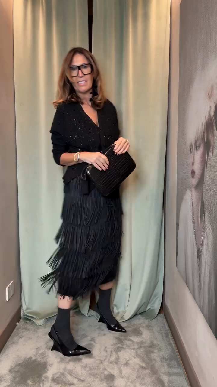 Black sequined top and tassel skirt set