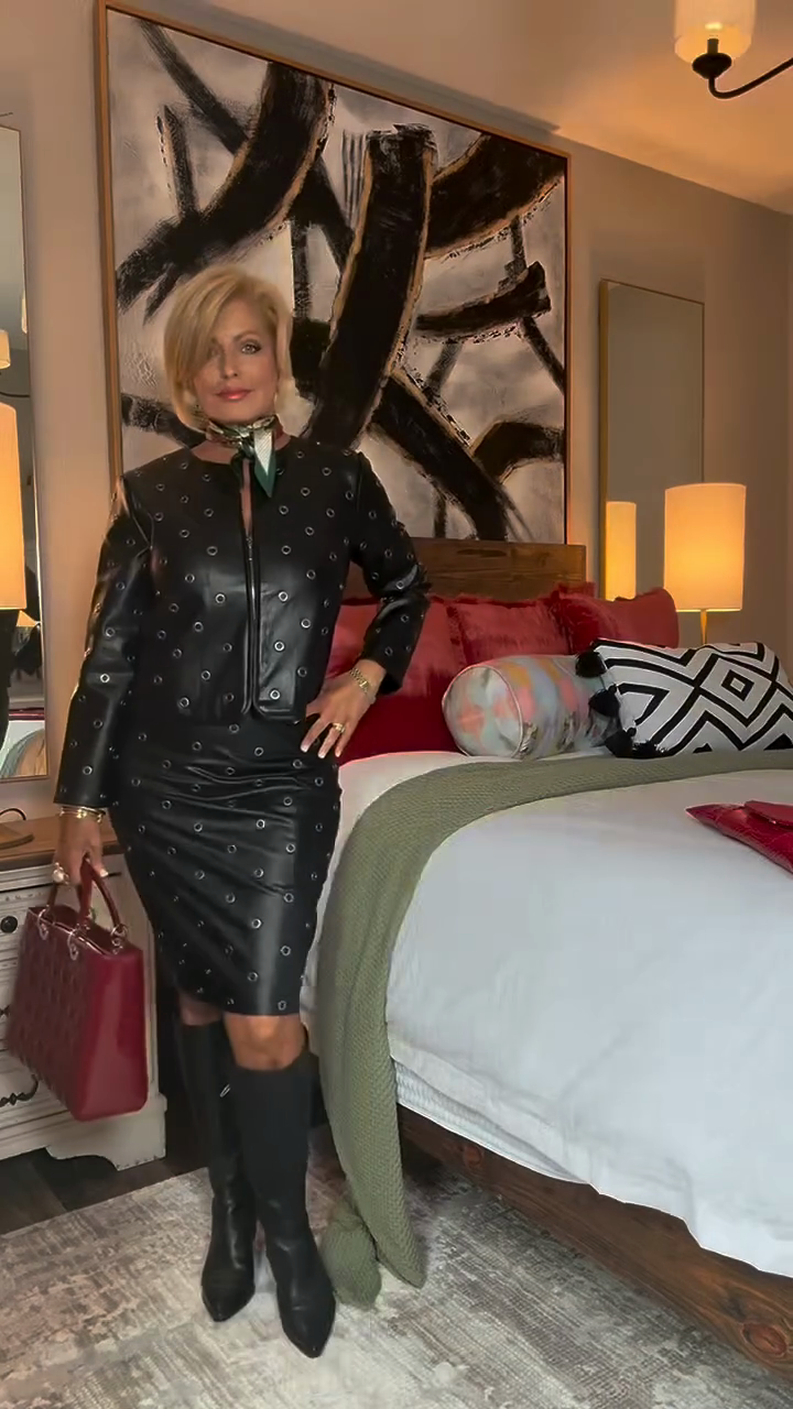 Black Perforated Leather Jacket and Skirt Set