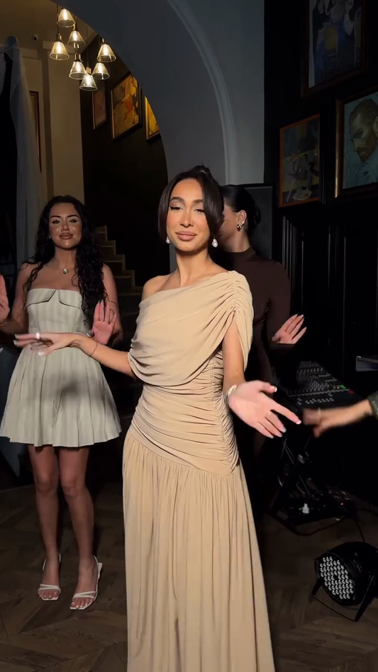 One - Shoulder Draped Beige Gown