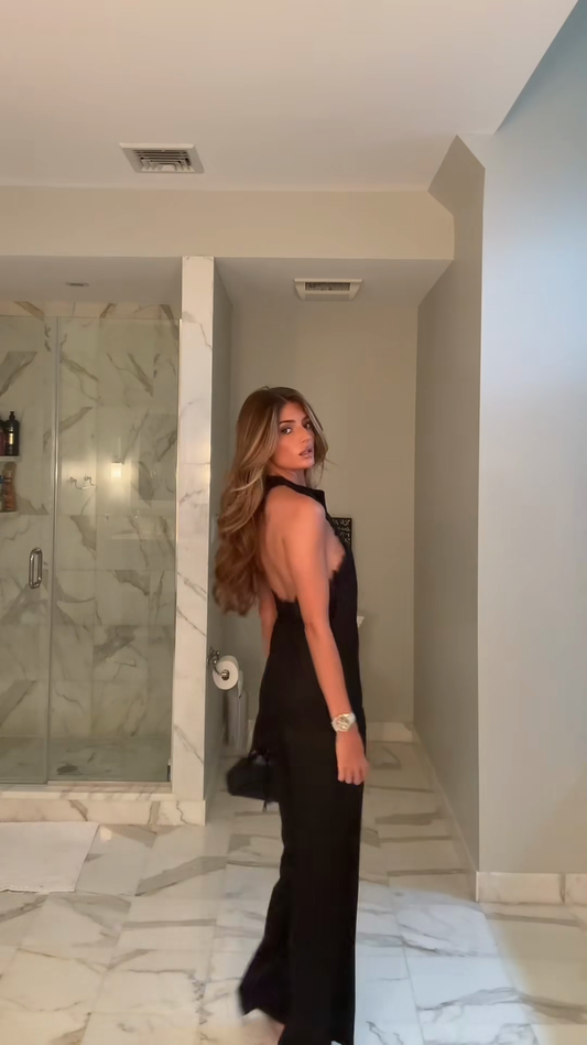 Backless Black Halterneck Top and Wide - Leg Trousers Set