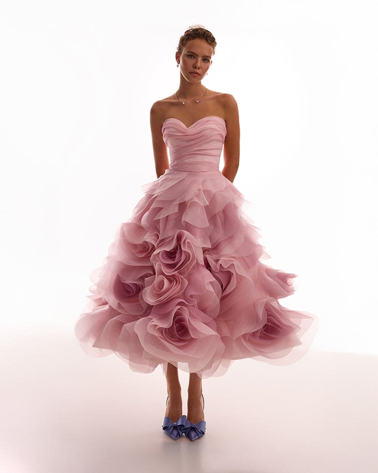 Blush Pink Strapless Ruffled Organza Midi Dress