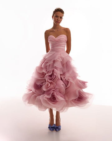 Blush Pink Strapless Ruffled Organza Midi Dress