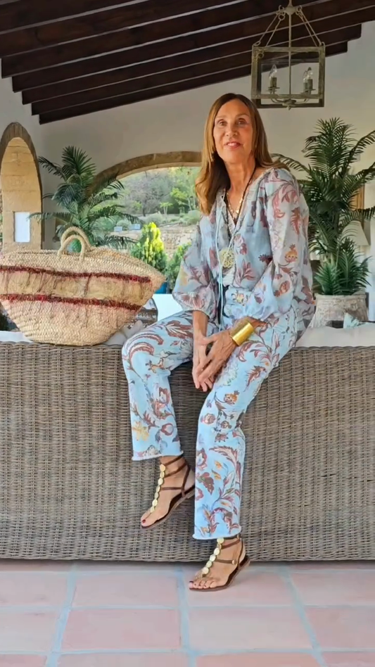 Light Blue Floral Print Top and Pants Set