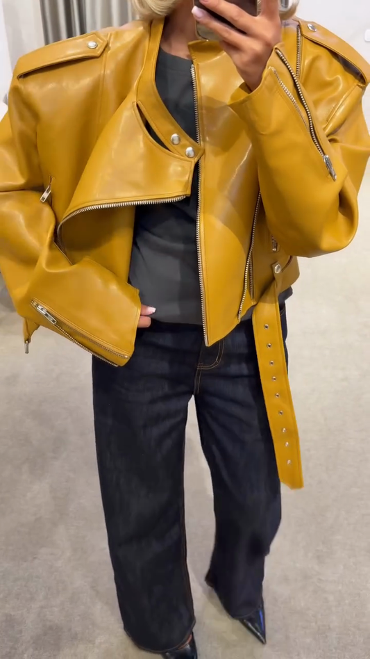 Mustard Yellow Leather Biker Jacket
