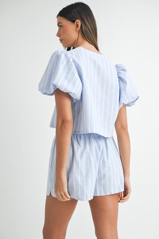 Blue - White Striped Puff - Sleeve Top & Shorts Set
