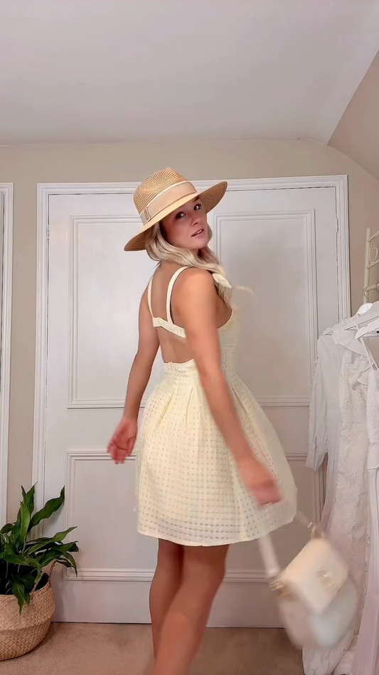 Light Yellow Smocked - Bodice Mini Dress with Bow - Shoulder Details