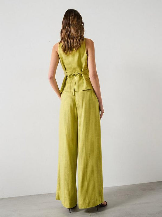 Lime Green Pinstriped Sleeveless Vest and Wide - leg Pants Set