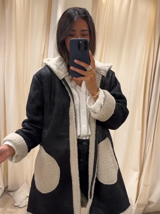 Black Shearling - Trimmed Coat with Contrast Pockets
