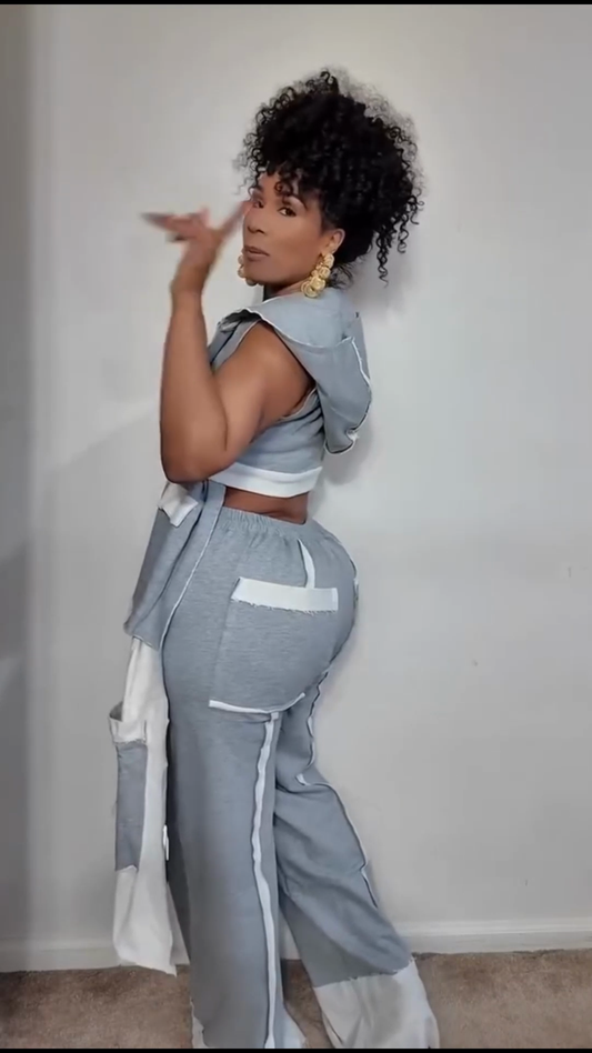 Grey and White Patchwork Sleeveless Vest and Wide - leg Pants Set