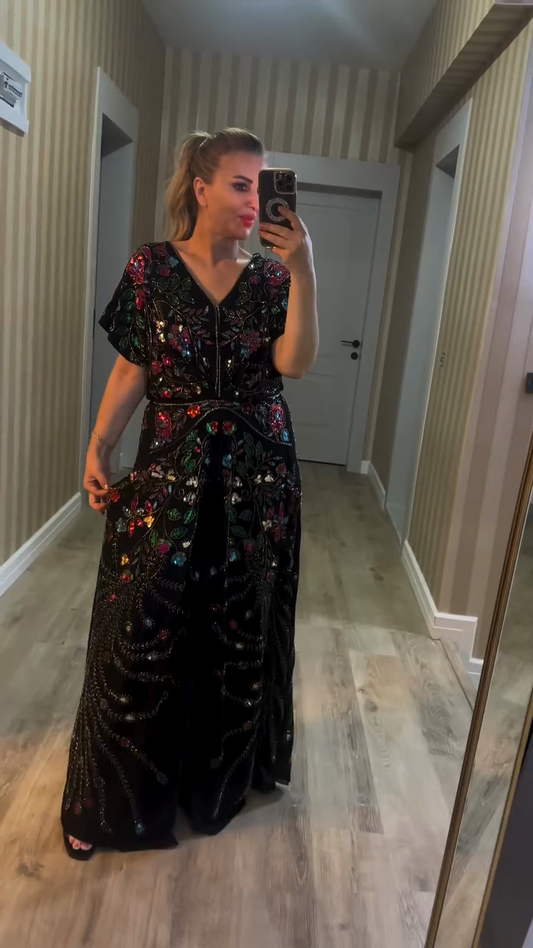 Embroidered and Beaded Black Maxi Dress