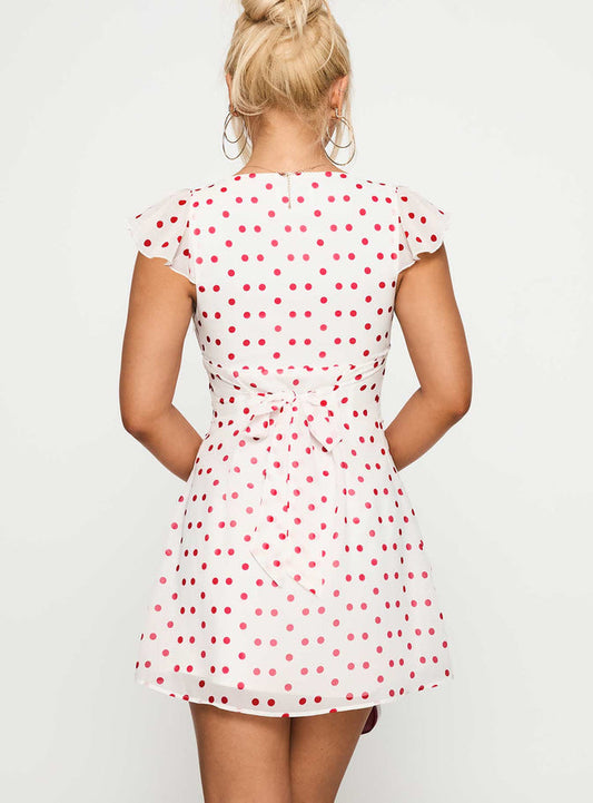 White Polka Dot Mini Dress with Ruffled Sleeves