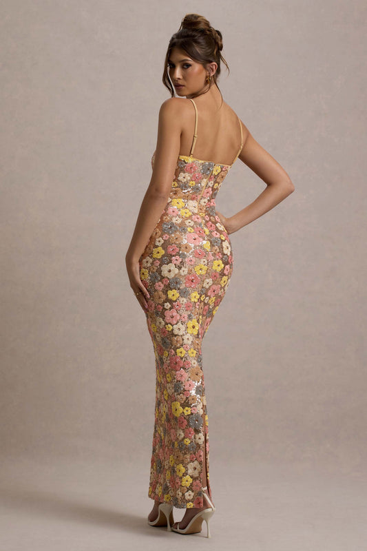 Floral Sequin Spaghetti Strap Maxi Dress
