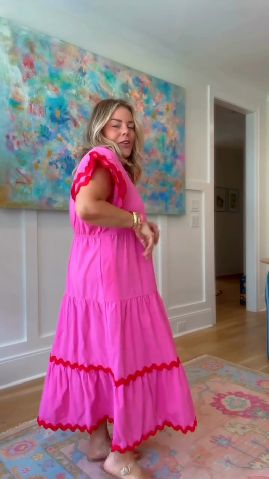 Pink V - neck Tiered Midi Dress with Red Ruffle Trim