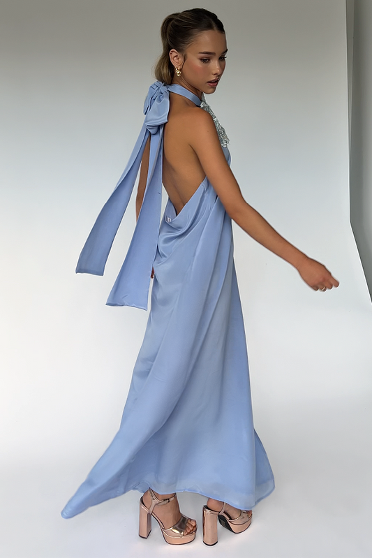 Light Blue Halter Neck Maxi Dress with Floral Applique