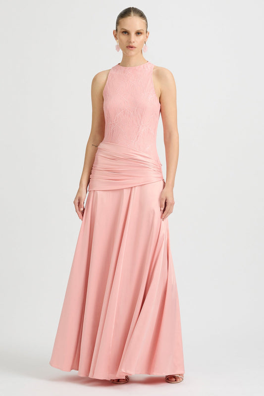 High-neck lace and satin maxi dress