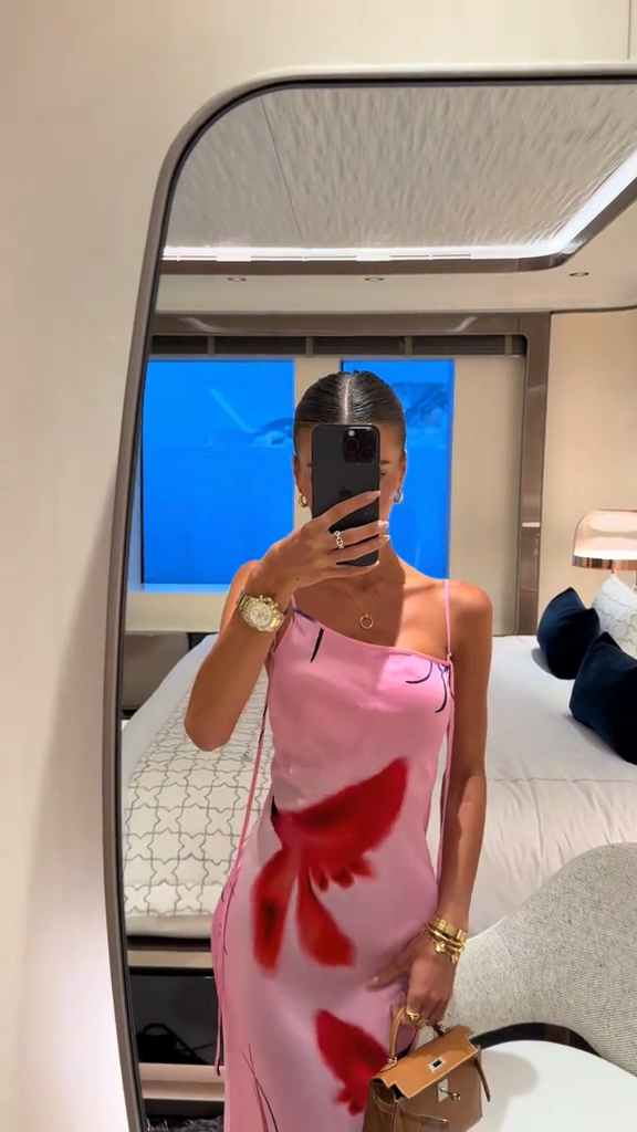 Pink one-shoulder floral-print satin maxi dress