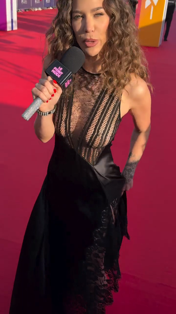 Black Lace - Trimmed Satin Evening Dress