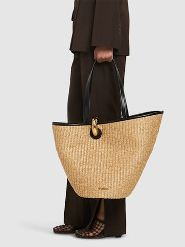 Woven Straw Tote Bag with Leather Handles