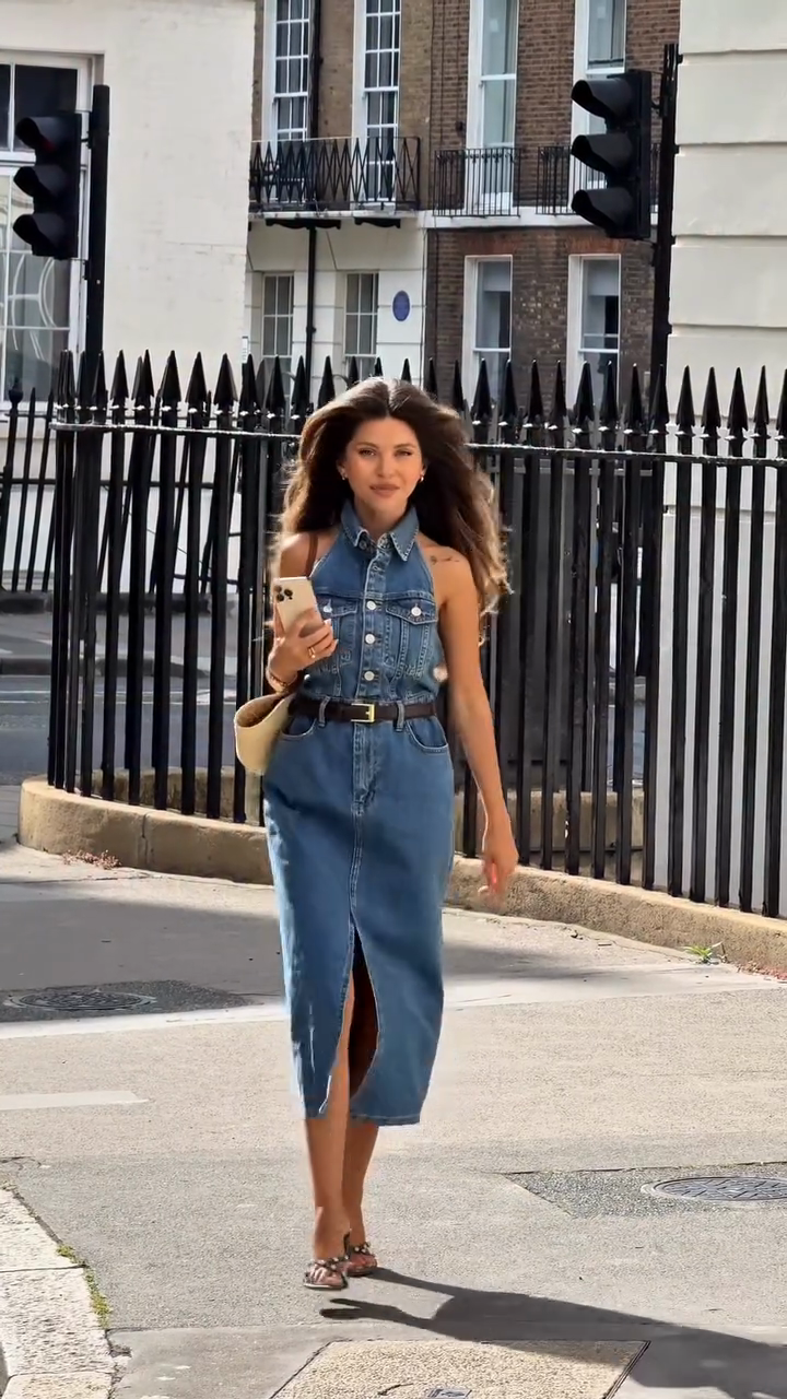 Blue Denim Halter - neck Midi Dress