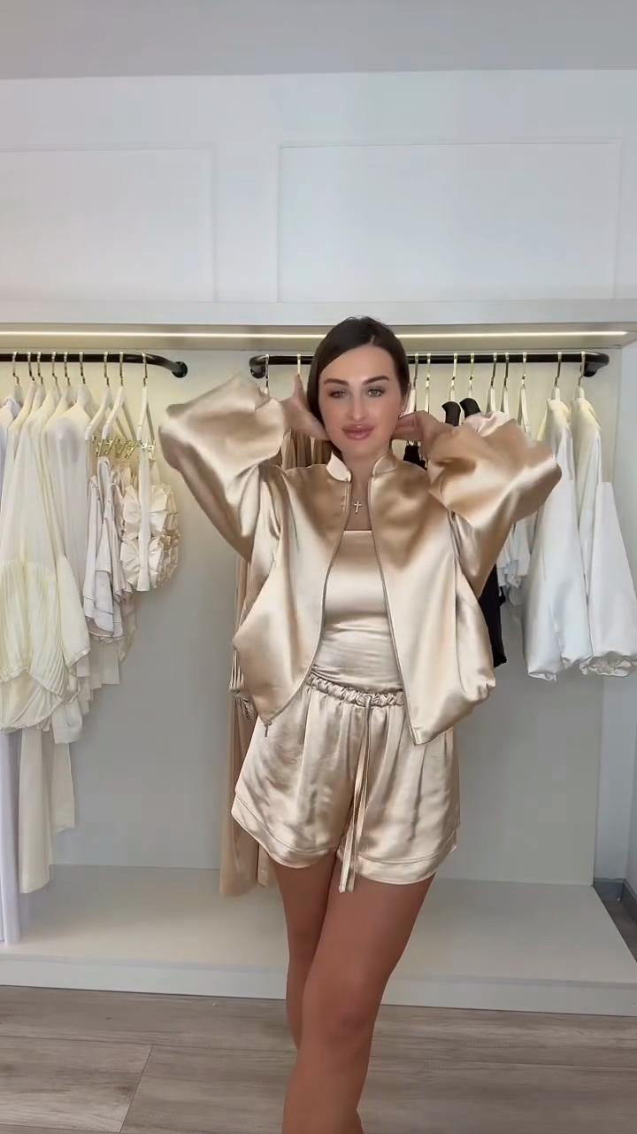 Gold Satin Bomber Jacket & Shorts Set