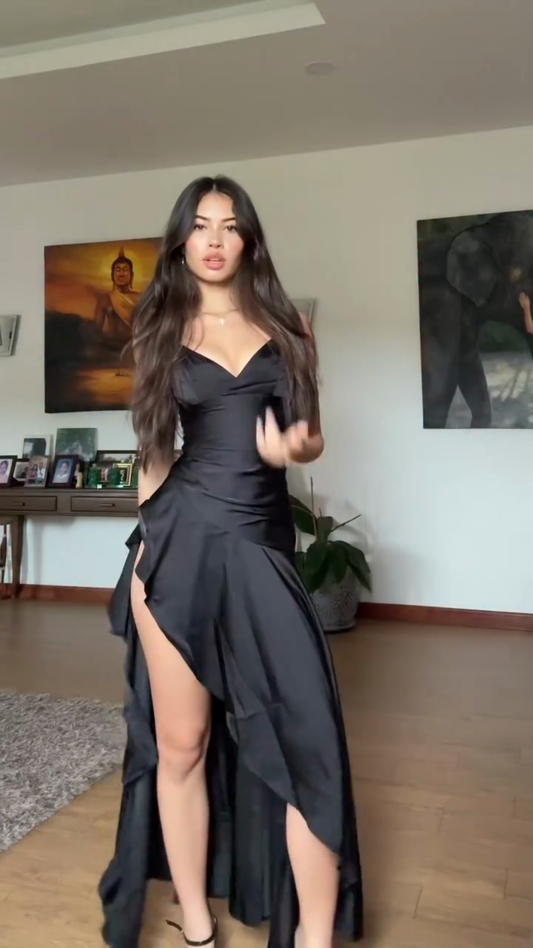 Black Asymmetrical - Hem Satin Maxi Dress