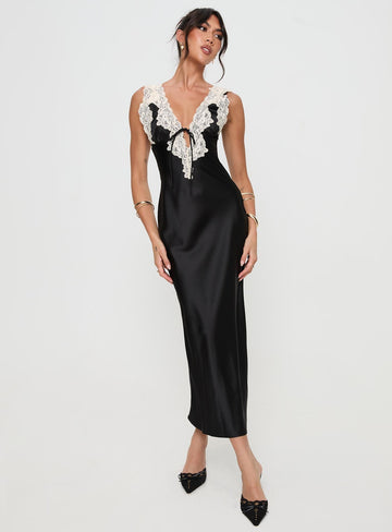 Black Satin Midi Dress with Lace Trim