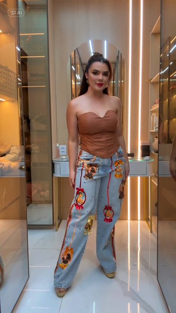 Brown Off-the-shoulder Corset Top Embroidered Denim Wide-leg Pants Set