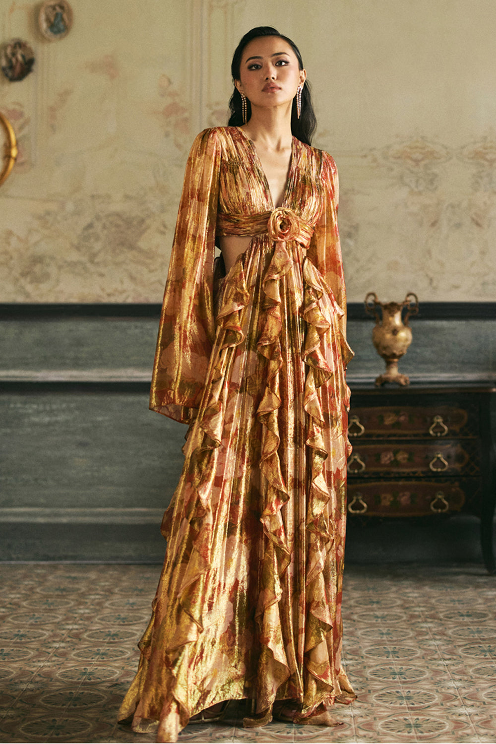 Golden Cut - Out Pleated Maxi Dress