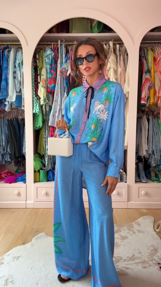 Blue Printed Shirt & Wide - Leg Pants Set