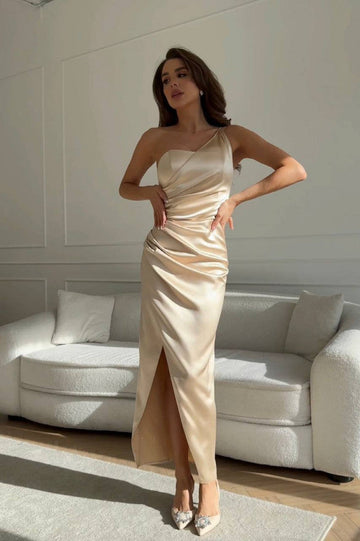 Champagne Satin One - Shoulder Maxi Dress