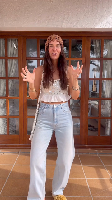 Embellished White Crop Top with Light - Blue Jeans Set