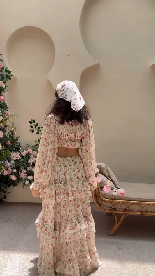 Floral - Printed Ruffled Crop Top & Tiered Maxi Skirt Set