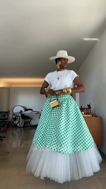 White Tee with Green Checkered Overlay and Tulle Skirt Set