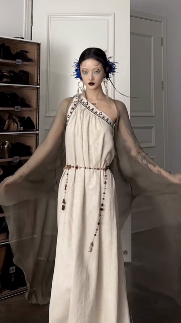 Asymmetric Embroidered Linen Long-Sleeved Maxi Dress