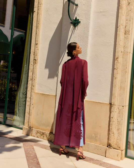 Blue Floral Print  Strapless Maxi Dress and Burgundy Robe Set