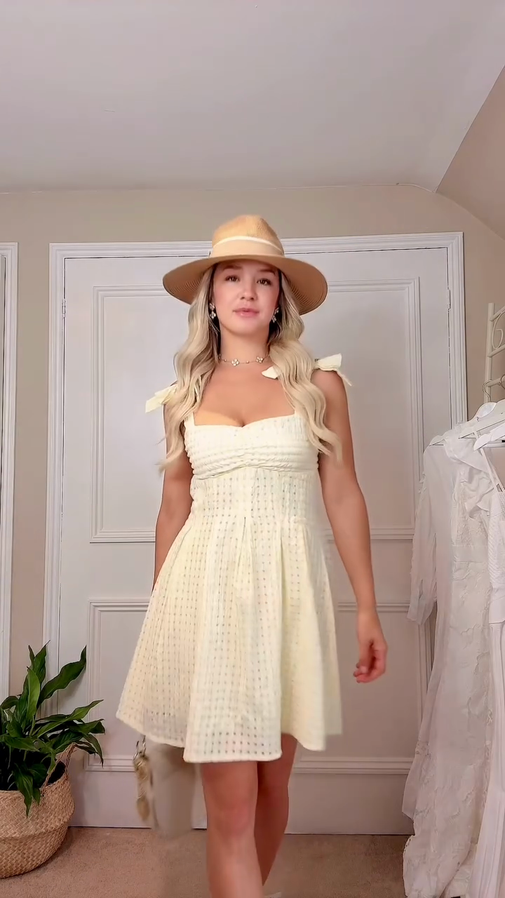 Light Yellow Smocked - Bodice Mini Dress with Bow - Shoulder Details