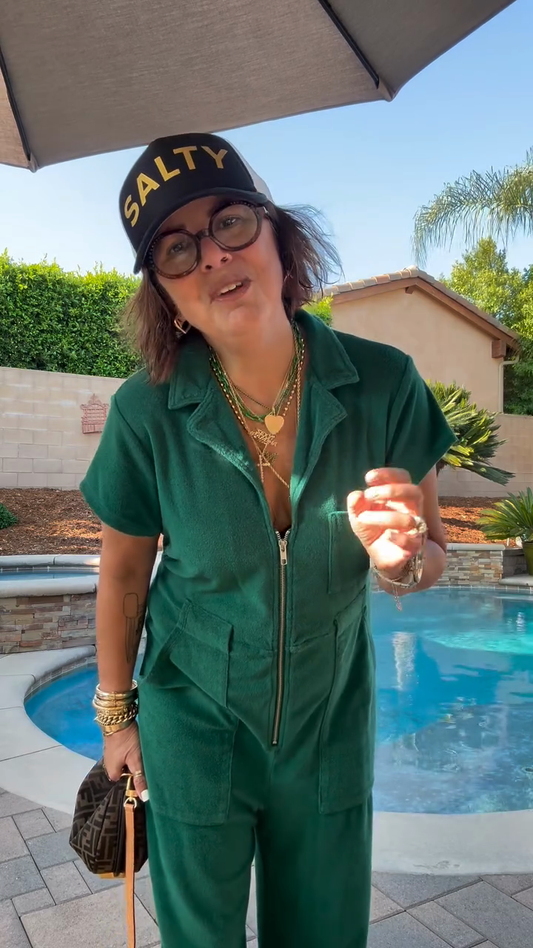 Green Short - Sleeve Zip - Up Jumpsuit