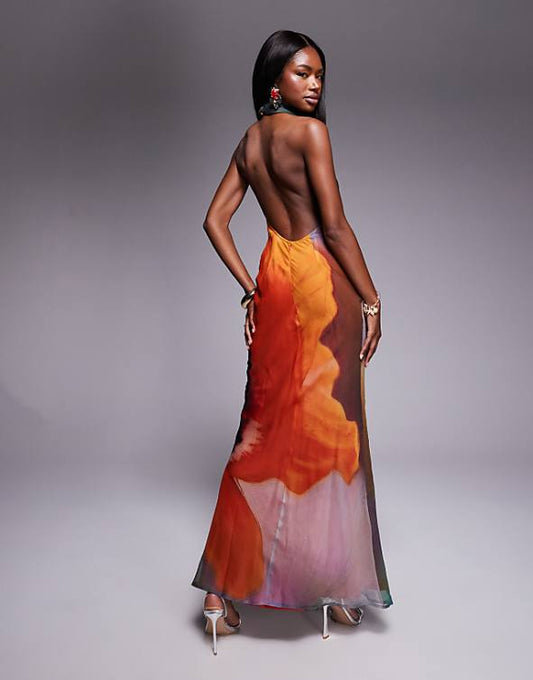 Multicolored Halter Neck Maxi Dress