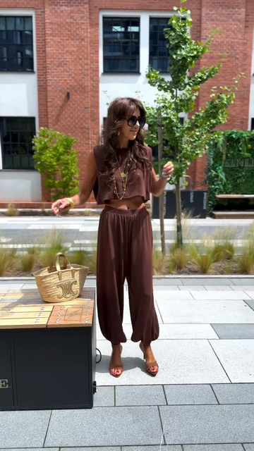 Brown Crop Top and Harem Pants Set