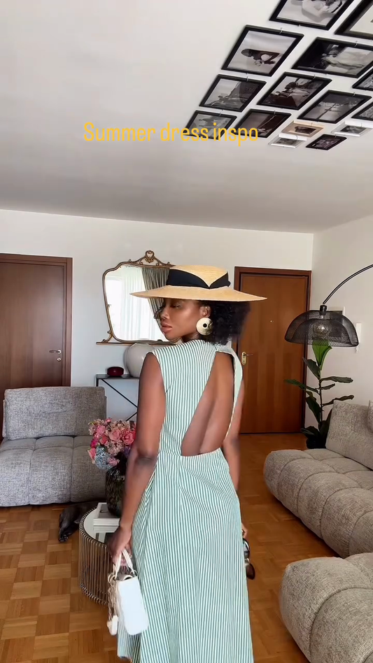 Green - White Striped V - Neck Midi Dress