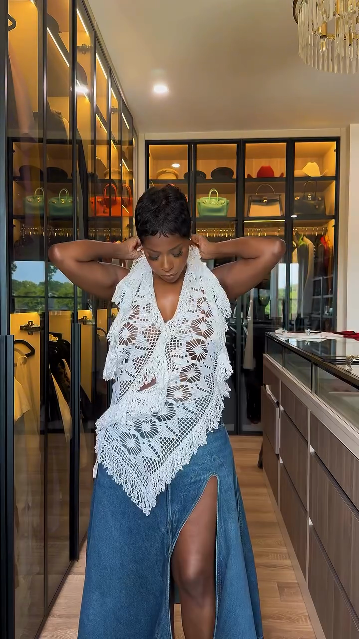 White Crochet Halter Top & Denim Slit Skirt Set